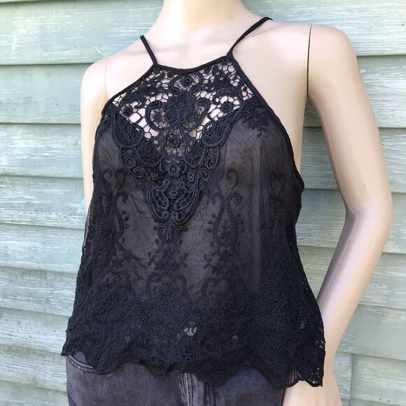 In Bloom By Jonquil Black Sheer Mesh Lace Halter Top Sz M Goth Coquette Grunge - Picture 1 of 8